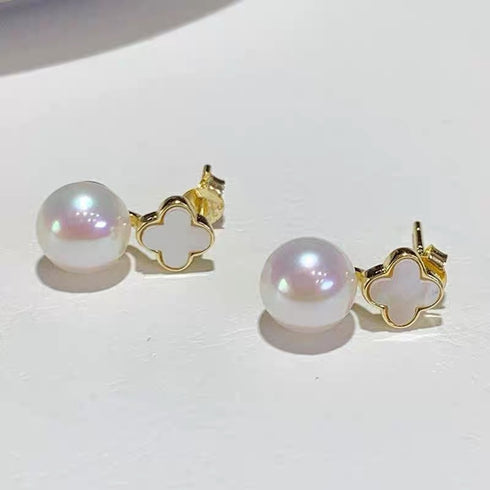 Floral Leaf Shell Pearl Earrings - Elegant Fresh Look in 18K Gold Vermeil